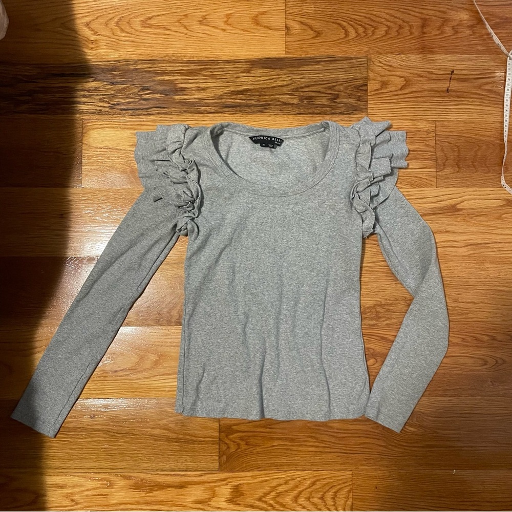 Veronica Beard Heather Gray Ruffle Long Sleeve Top